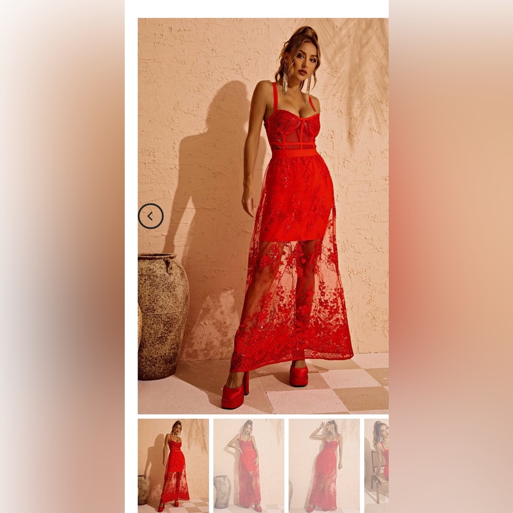 Red Lace Maxi Dress with Corset Bodice